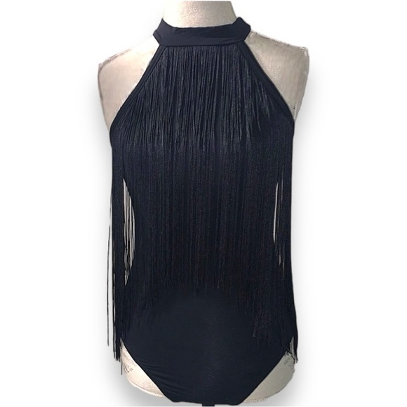 Tops - Black Fringe High Neck Bodysuit size M